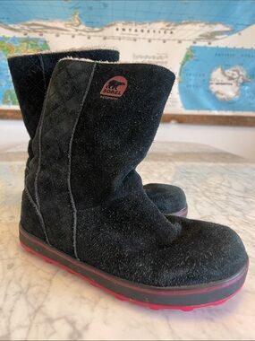 Sorel Black Suede Boots with Pink Trim